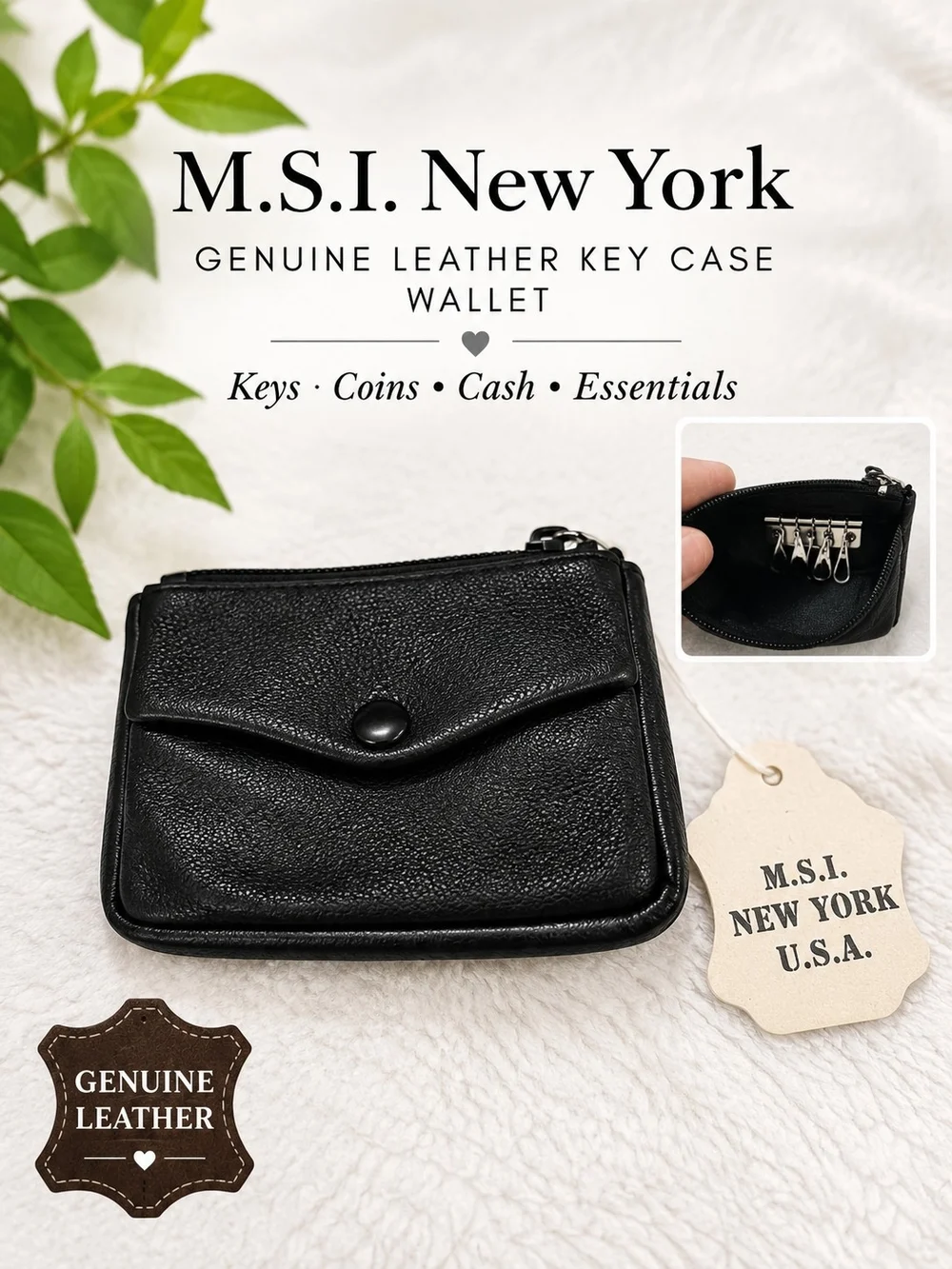 NWT Genuine Leather Key Case Wallet Black M.S.I. New York 6 Hook Coin Purse